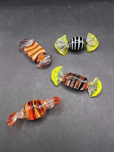 Vintage Murano Style Hand Blown Glass Wrapped Candy Pieces Striped 2” Lot Of 4