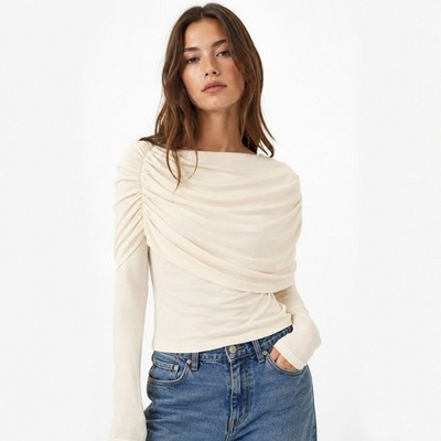 H&M Divided Cream Draped Ruched Long Sleeve Top Off White Small NEW