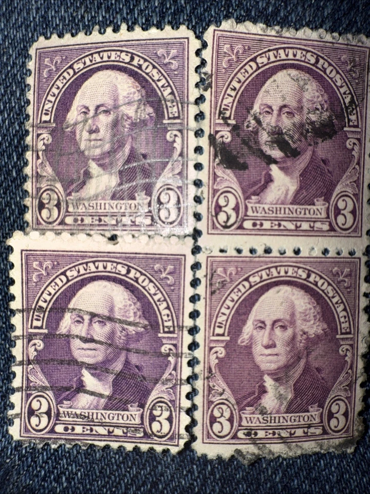 РЕДКАЯ 1932 3 цента Джордж Вашингтон США почтовая марка фиолетовый/фиолетовый 4 упаковки - Изображение 2 из 4