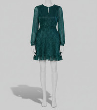 MSK Women's Green Metallic Crewneck Blouson-Sleeve Smocked Dress Petite Sz PS