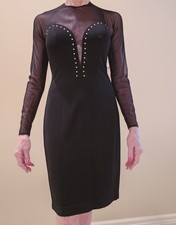 Tadashi Little Black Dress Rhinestone Bodycon Super Sheer Vintage Quality. Sexy!