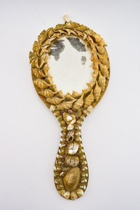 Victorian French Shellwork Hand Mirror Sailor's Valentine Pelican's Feet Shells