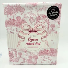 Envogue Queen Sheet Set 4 Piece Toile Print Pink White Brushed Softness