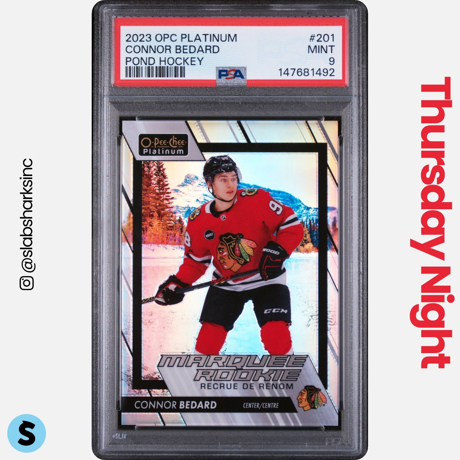 2023 O-PEE-CHEE PLATINUM #201 CONNOR BEDARD POND HOCKEY MARQUEE ROOKIE RC PSA 9 view 1