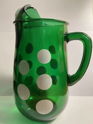 Vintage Anchor Hocking Emerald Green Glass Pitcher W/White Polka Dots 1950’s