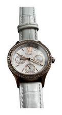 Rotary Women's Rose Gold Wristwatch White Leather Strap New Battery Needed Now