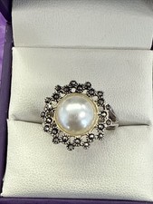     Vintage Sterling Silver imitation Pearl Ring With Marcasite Accents Sz 9 1/2