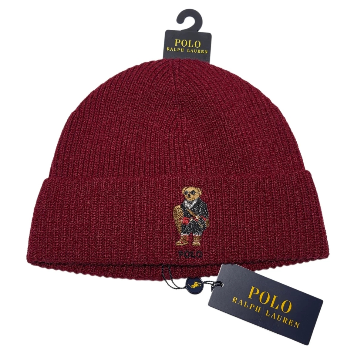 VTG Ralph‎ Lauren Red Cable Knit Pom Beanie Hat Scarf Set Embroidered Crest Logo Vintage Polo Ralph Lauren Big Pony Polo Bear Navy Red Knit  main image 3