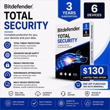 Bitdefender Total Security 2026 3 Years 6 Devices  Daily VPN Works Globally 