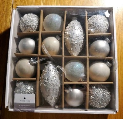 White Pine 14pk Glass Christmas Tree Ornaments Silver Glitter Beaded Teardrop
