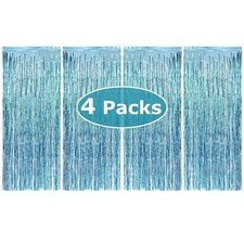4PK Metallic Tinsel Party Photo Backdrop Curtains Door Fringe Light Blue