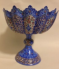 Vintage Per Sian Fine Enamel Miniature Hand Painted Copper Pedstal Bowl 