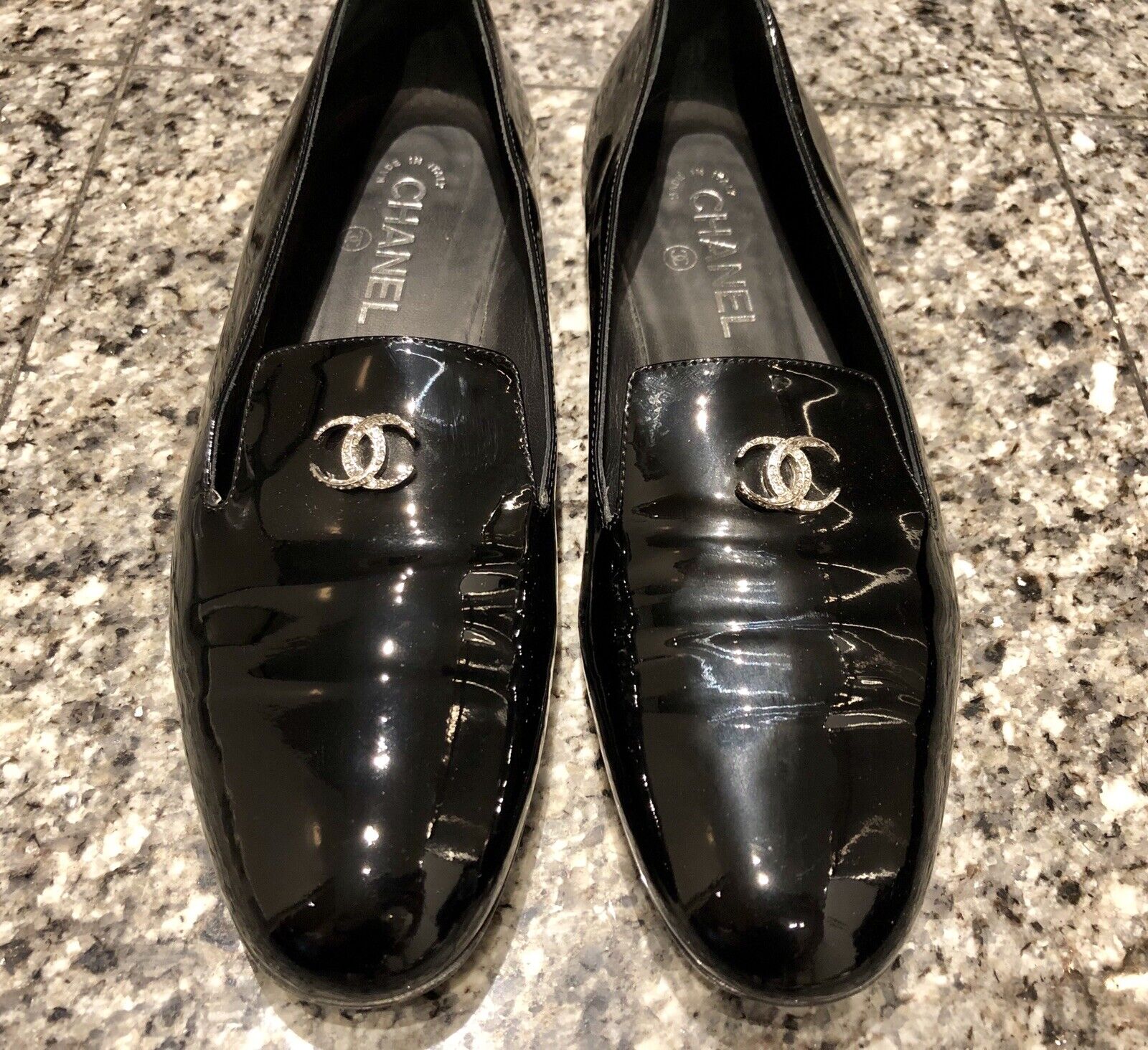 CHANEL CC Black Patent Leather Loafers Shoes