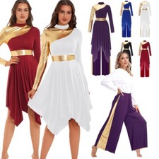 Women Lyrical Dance Dress Set Pants Long Metallic Patchwork Ice Skating Dress