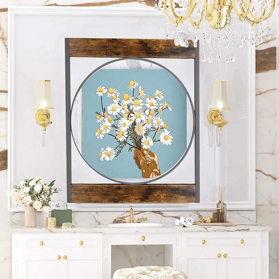 Round Wall Mirror w/ Rectangular Frame for Bathroom Living Room Entryway Bedroom - Image 2 of 4