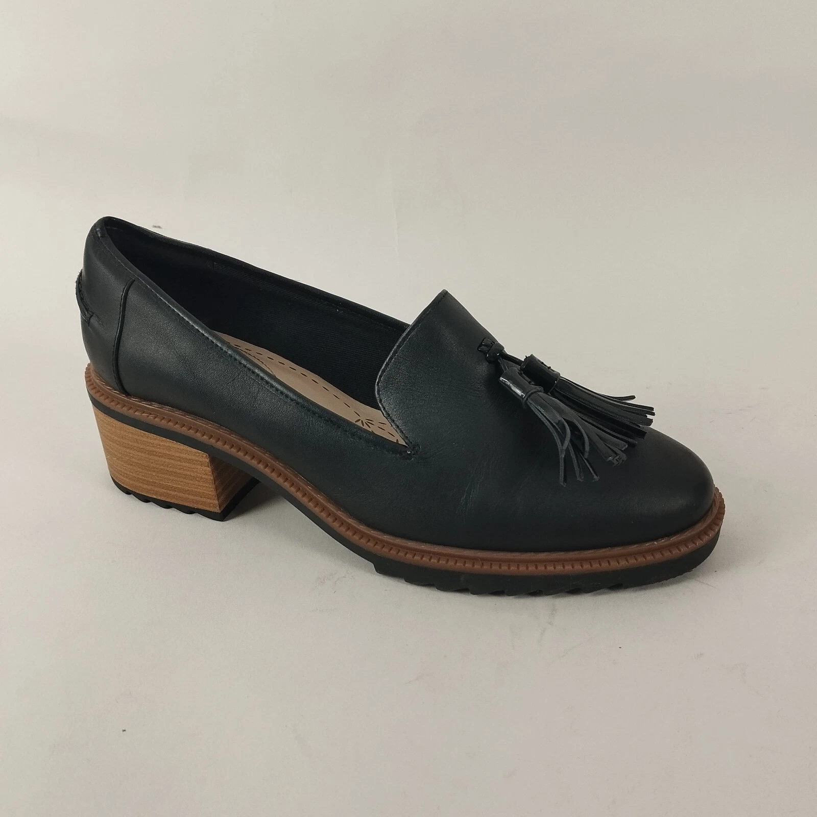 Clarks Scarpe Donna 6 Mocassini Nero Pelle Tacco Slip On Tacchi Grossi Lavoro