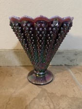 Fenton Hobnail Plum Opalescent Ruffled Edge Fan Vase - Iridescent - 8” - Sticker