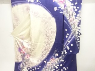 35075# JAPANESE KIMONO / ANTIQUE FURISODE / SILK / EMBROIDERY / FLOWER