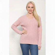 LADIES LONG SLEEVE CABLE KNITTED CABLE JUMPER WOMENS V NECK WINTER SWEATER TOP