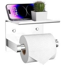 Wall Mounted Toilet Roll Holder Bathroom Self-Adhesive Phone Storage Shelf White