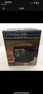 VINTAGE PORTABLE 5” BLACK & WHITE TV AM/FM RADIO AC/DC PK-4189 - - Image 1 of 4