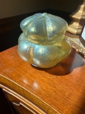 Loetz Mimosa Bowl with Lid Yellow Iridescent Glass c 1900