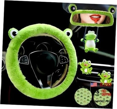 7-Pack Lovely Frog Car Accessories Set Fluffy Wool Sheepskin Steering Green