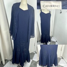 Catherines NWT Plus Size 16W Navy Blue Beaded Formal Event Dress /Jacket Set