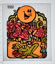 Original VINTAGE 1970s Heat Transfer | Psychedelic Sun Frog and Mushroom Scene