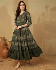 Indian Women Green Cotton Floral Print Anarkali Kurta Kurti Flared Style Dress