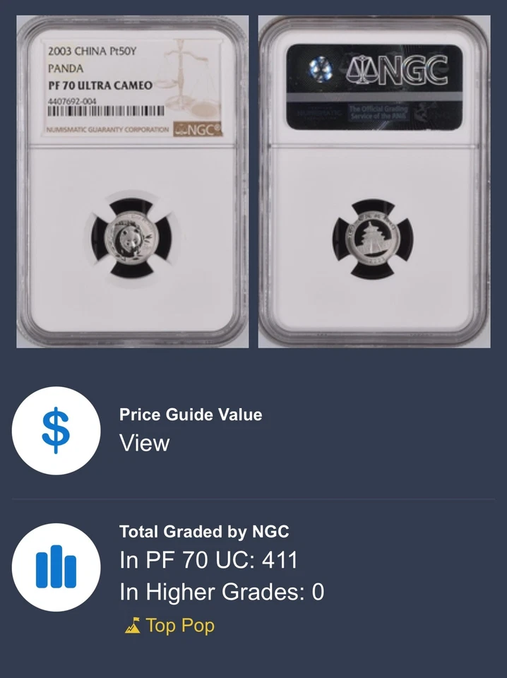 2003 50 Yuan China 1/20 Oz Platinum Proof Panda Coin • PF70 UCAM • TOP POP - Image 3 of 4