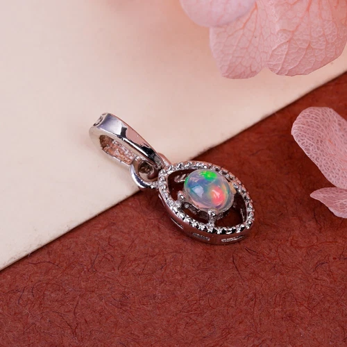 Elegant Oval Cabochon Opal Pendant in 925 Sterling Silver, October Birthstone
