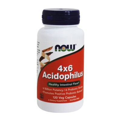 NOW Foods Acidophilus 4x6 (4 Billion Potency, 6 Probiotic Strains), 120 Capsules