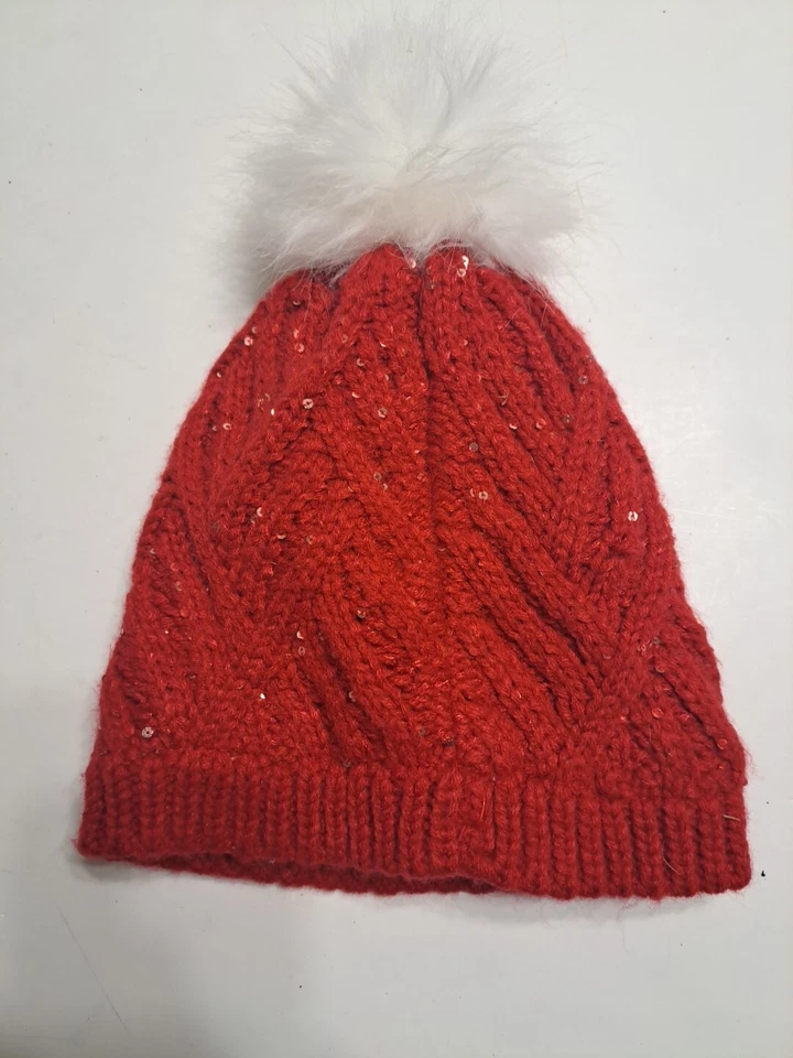 Antiguo gorro de piel sintética azul marino con pompón tejido rojo blanco brillante Foto 4 de 4