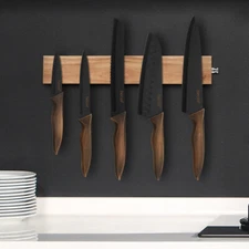 6Pcs Vintage Kitchen Knife Set Black Non-stick Coated&12'' Magnetic Knife Strip