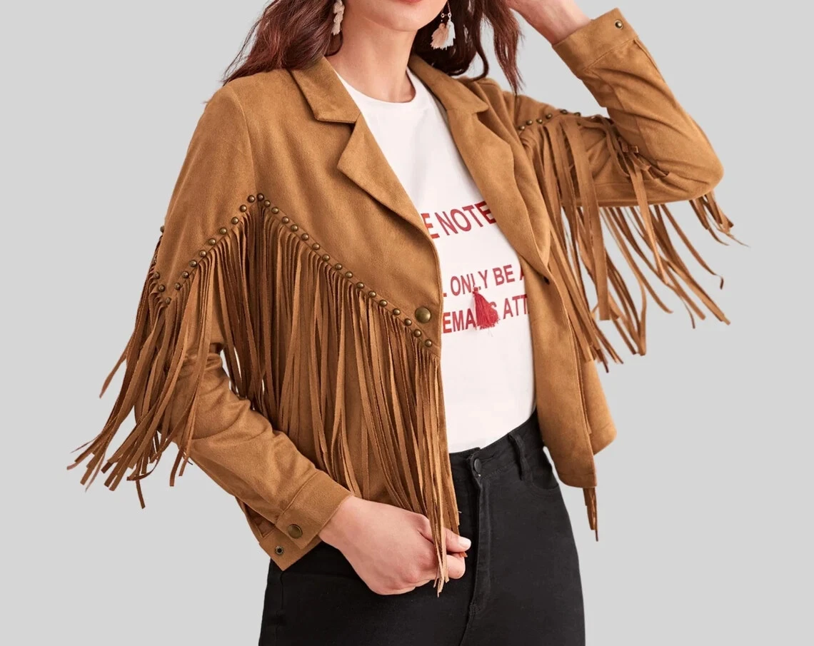 Women s Suede Fringe Jacket Cowgirl Native Real Suede Leather Bolero Shrug Shirt