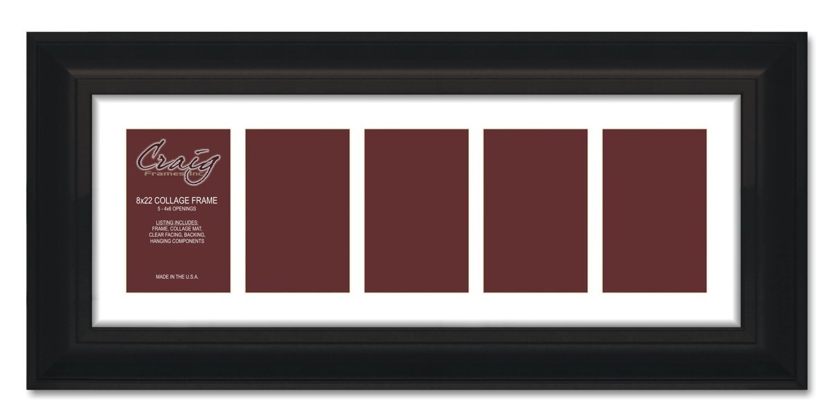 21834700BK 8x22 Black Picture Frame with 5-Opening White Collage Mat