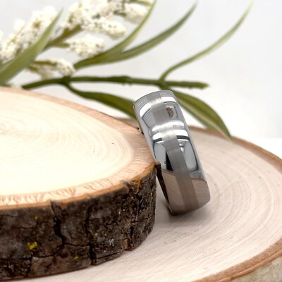 Comfort Fit Christmas Band Center Stripe Stepped Edges Ring 8mm Silver Tungsten