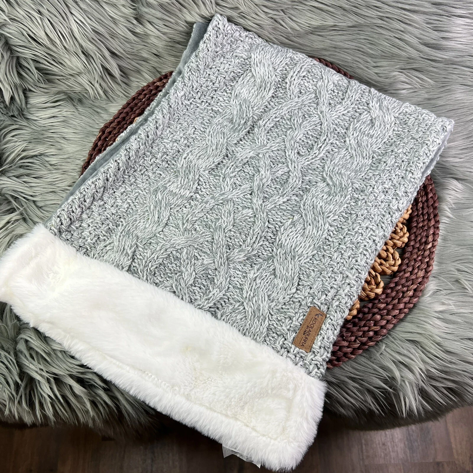 UGG Koolaburra Gray White Long Cable Knit Soft Fleece Cozy Scarf Wrap