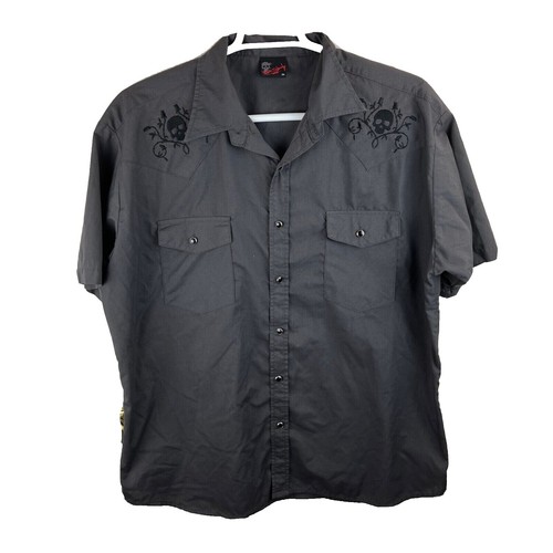 ろろ SKULL BUTTON SHORT PEA COAT 3133T Men's Rock Steady Clothing Short Sleeve Button Front Shirt Black