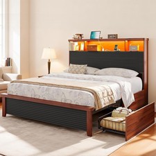 Wood Queen Size Bed Frame with Bookcase Storage Headboard and 4 Drawers