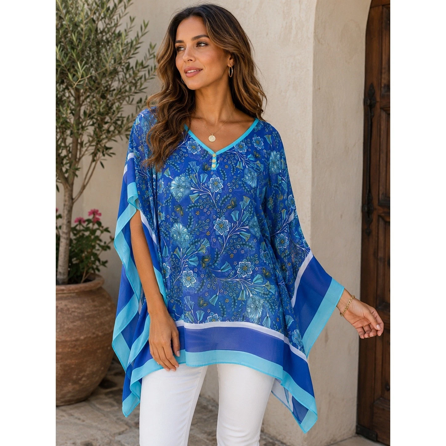 Talbots Blue Floral Kaftan Poncho Top V-Neck Sheer Blouse S/M
