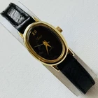Vintage Timex Cavatina Fancy Black Dial Women's 6" MAX! Oval Watch Gold Leather
