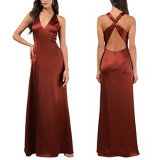 NWOT Lulus Purely Elegant Rust Brown Satin Twist-Back Maxi Gown Dress Size M