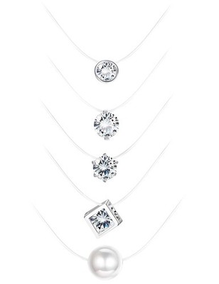 5Pcs Transparent Fishing Line Necklace Solitaire Dazzling Zircon Clear Pearl Cho