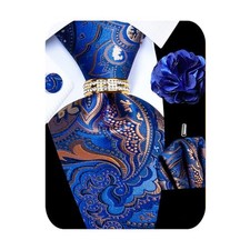 5PCS Mens Silk Designer Tie, Pocket Square, Blue Paisley Tie Set -358 10