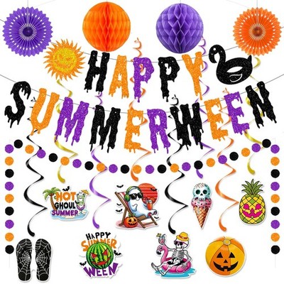 Glittery Happy Summerween Banner Summerween Hanging Swirls Decorations Circle...