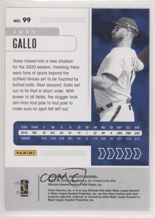 2020 Panini Absolute Spectrum Red /99 Joey Gallo #99 - Image 2 of 2