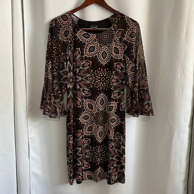 Connected Apparel Women 10 Black Plum Mandala Print Bell Sleeve Sheath Dress