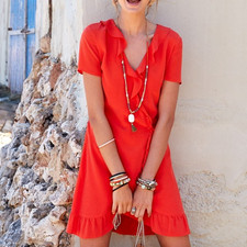 Sezane Women's 100% Silk Ruffle Wrap Dress Short Sleeve Red Size 36 EU 4